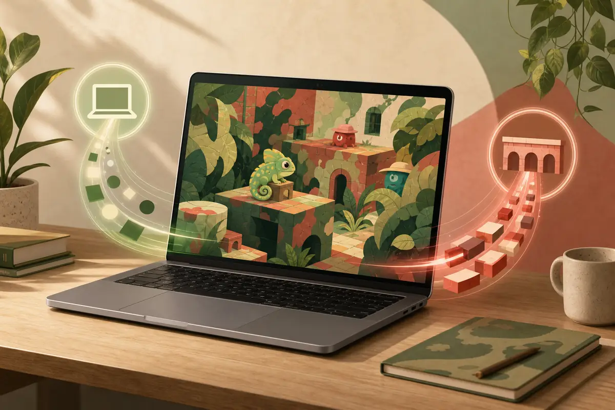 Illustration conceptuelle d’un Mac vérifiant la compatibilité de MECCHA CHAMELEON