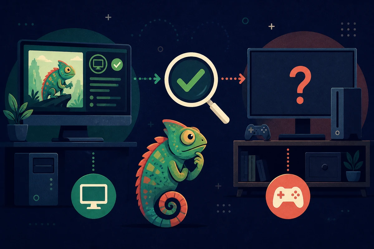 Konzeptgrafik zur Prüfung zwischen bestätigtem PC-Spiel und nicht bestätigter Konsole